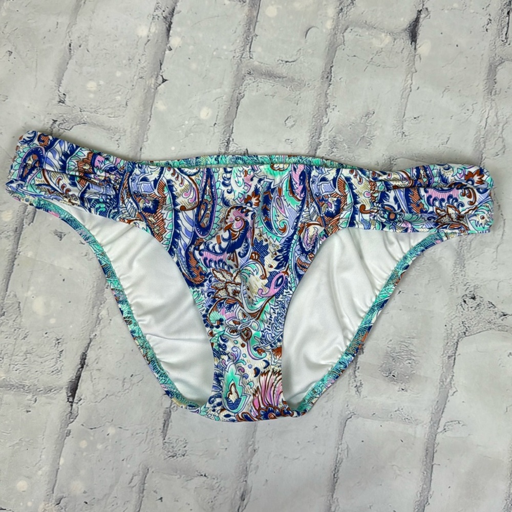 Victoria's Secret Bikini Bottoms Floral Print Ruched Sides Gold Metallic Accent